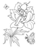 Thumbelina, Fairy sitting on a flower. Coloring page for kids. vector