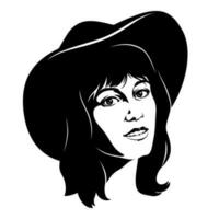 Woman Face Silhouette.Black and white stencil portrait of girl in hat. Vector clipart isolated on white.