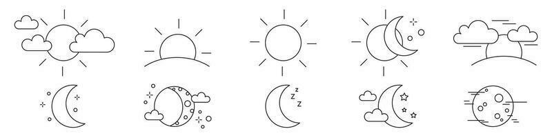 Collection of rising or setting sun, moon phases, clouds and stars icons. Bundle of day and night time pictograms drawn with black contour lines on white background. vector