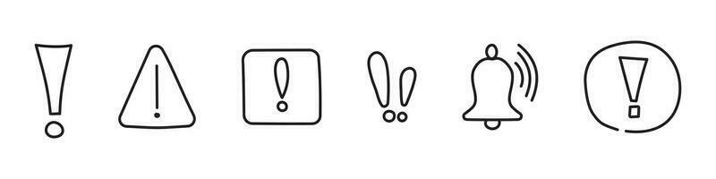 Simple set of hand drawn warnings related vector line icons. Contains such icons as alert, exclamation mark, warning sign. Doodle symbol.