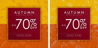 Set of Autumn Sale card, background, banner, poster or flyer design. Up to 70 off discount with shop now CTA button. Drawing of autumn elements, maple leaves, pumpkin, acorn. Vector illustration.