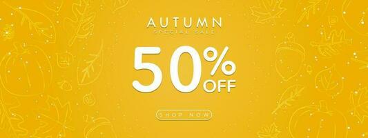 Cute modern Autumn Sale Banner on gradient background in fall colors and framed with hand drawn autumn elements, leaves, maple, acorn, pumpkin. Up to 50 off. Editable Vector Illustration. EPS 10