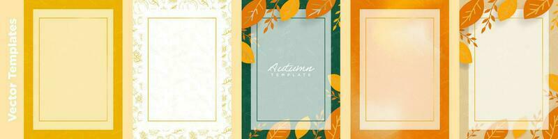 Autumn and thanksgiving themed background posters with white frame. Hand-drawn fall elements on colored backgrounds. Pumpkin, leaves, acorn. Editable Vector Illustration. EPS 10.