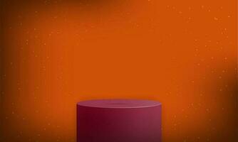 Red 3d Cylinder Podium on Orange studio Background template with white dust and corner sunlight. Vector Illustration. EPS 10.