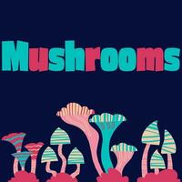 Set of cute isolated mushrooms with geometry ornament. Psychedelic mushrooms in vivd colours. Hand drawn mushrooms illustration vector