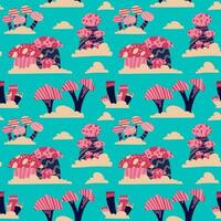 Seamless vector pattern of hand drawn cute psychedelic mushrooms. Design of repeating  magic mushrooms for printing scrapbooking paper, fabric, wallpapers, backgrounds.