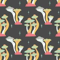 Seamless vector pattern of hand drawn cute psychedelic mushrooms. Design of repeating  magic mushrooms for printing scrapbooking paper, fabric, wallpapers, backgrounds.