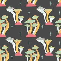 Seamless vector pattern of hand drawn cute psychedelic mushrooms. Design of repeating  magic mushrooms for printing scrapbooking paper, fabric, wallpapers, backgrounds.