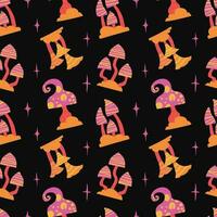 Seamless vector pattern of hand drawn cute psychedelic mushrooms. Design of repeating  magic mushrooms for printing scrapbooking paper, fabric, wallpapers, backgrounds.