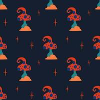 Seamless vector pattern of hand drawn cute psychedelic mushrooms. Design of repeating  magic mushrooms for printing scrapbooking paper, fabric, wallpapers, backgrounds.
