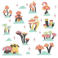 Set of cute isolated mushrooms with geometry ornament. Psychedelic mushrooms in vivd colours. Hand drawn mushrooms illustration vector