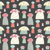 Seamless vector pattern of hand drawn cute psychedelic mushrooms. Design of repeating  magic mushrooms for printing scrapbooking paper, fabric, wallpapers, backgrounds.