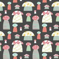 Seamless vector pattern of hand drawn cute psychedelic mushrooms. Design of repeating  magic mushrooms for printing scrapbooking paper, fabric, wallpapers, backgrounds.