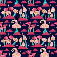 Seamless vector pattern of hand drawn cute psychedelic mushrooms. Design of repeating  magic mushrooms for printing scrapbooking paper, fabric, wallpapers, backgrounds.
