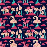 Seamless vector pattern of hand drawn cute psychedelic mushrooms. Design of repeating  magic mushrooms for printing scrapbooking paper, fabric, wallpapers, backgrounds.