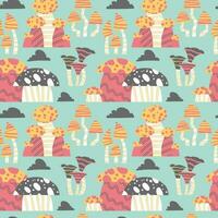 Seamless vector pattern of hand drawn cute psychedelic mushrooms. Design of repeating  magic mushrooms for printing scrapbooking paper, fabric, wallpapers, backgrounds.