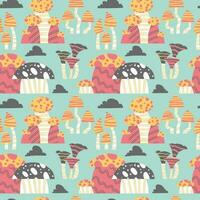 Seamless vector pattern of hand drawn cute psychedelic mushrooms. Design of repeating  magic mushrooms for printing scrapbooking paper, fabric, wallpapers, backgrounds.