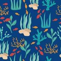 Handdrawn seamless pattern on a blue background with marine plants, seaweeds, corals and small fish. vector