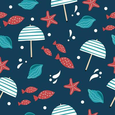 Seamless pattern with handdrawn fish, beach umbrella, starfish, water drops and sea shell on a dark background.