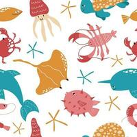 Seamless pattern with colourful sea creatures on white background. Design with underwater animals in a cartoon style. vector