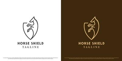 Horse shield logo design illustration. Abstract flat shield stallion silhouette icon simple minimalist modern linear line modern farm animal head mascot. vector