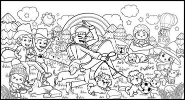 Coloring page in the park with cute puppies vector