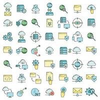 Set of online database cloud computer technology icon, remote data storage, protect information outline flat vector illustration, isolated on white.