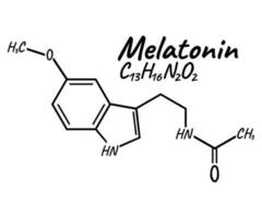 Human hormone melatonin concept chemical skeletal formula icon label, text font vector illustration, isolated on white. Periodic element table.