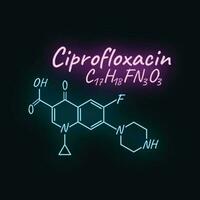 Ciprofloxacin antibiotic chemical formula and composition, concept structural drug, isolated on black background, neon style vector illustration.