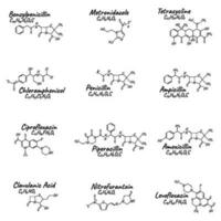 conjunto de antibiótico químico fórmula y composición, concepto estructural médico droga, aislado en blanco fondo, vector ilustración.