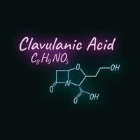 Clavulanic acid antibiotic chemical formula and composition concept structural drug, isolated on black background, neon style vector illustration.