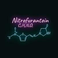 Nitrofurantoin antibiotic chemical formula and composition, concept structural drug, isolated on black background, neon style vector illustration.