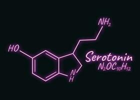 Human hormone serotonin periodic element concept chemical skeletal formula icon label, text font neon glow vector illustration, isolated on black.