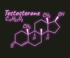 Human hormone testosterone periodic element concept chemical skeletal formula icon label, text font neon glow vector illustration, isolated on black.
