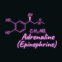 Human hormone adrenaline, epinephrine element concept chemical skeletal formula icon label, text neon glow vector illustration, isolated on black.