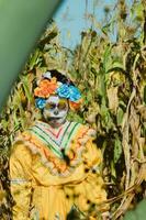 Mexican woman in colorful dress and skull makeup in the mexican desert cactus photo