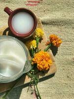 Experience the authentic taste of Mexico with pulque, a traditional maguey drink, served in beautiful dishware photo
