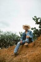 Cowboy under the vast sky, surrounded by cacti, working on a farm photo