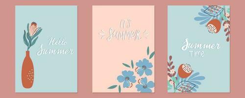 Set of boho flower backgrounds. Tropical Summer backdrop collection with lettering. Vertical posters or cards with blooming flowers and leaves. Flat style vector illustrations.