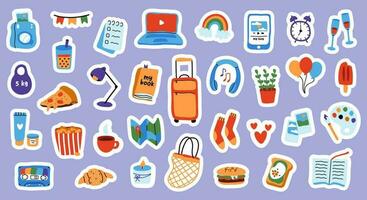 Sticker collection for weekly planner. Cute hand drawn pictures for diary decorating. Flat vector illustration.