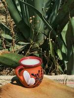 Pulque, the Mexican drink, served in an earthenware cup amidst nature's vibrant palette photo