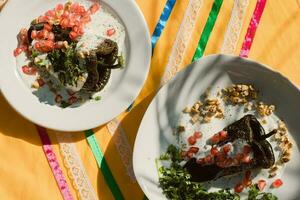 Chiles en Nogada A traditional Mexican dish with stuffed peppers, walnut sauce, and fruit garnish. photo