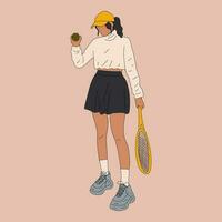 Colorful sportswoman big tennis player. Professional sports female holding racket and hitting ball. Girl character in trendy sportswear vector