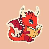 Vector Stock Illustration isolated Emoji character cartoon dragon dinosaur reading a book sticker emoticon for site, info graphics, video, animation