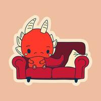 Vector Stock Illustration isolated Emoji character cartoon dragon dinosaur lying on the sofa sticker emoticon for site, info graphics, video, animation.