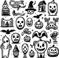 a collection of halloween objects, black and white vector