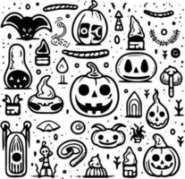 a collection of halloween doodle objects, black and white vector