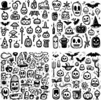 a collection of halloween objects, black and white vector