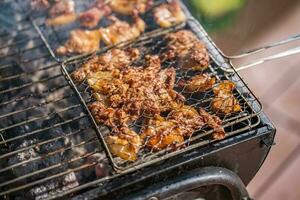 Grilled meat live on charcoal fire. The ingredient of bun cha is a famous Vietnamese noodle dish photo