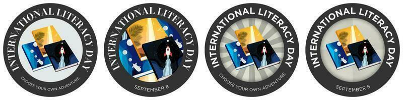 International Literacy Day Emblem Set isolated on white background. Patch concept. Editable Vector Art. EPS 10.